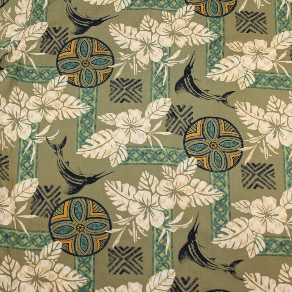 Toucan Dance Large Hibiscus Marlin Tapa Island Pattern Hawaiian Aloha Shirt Tiki - Picture 8 of 11